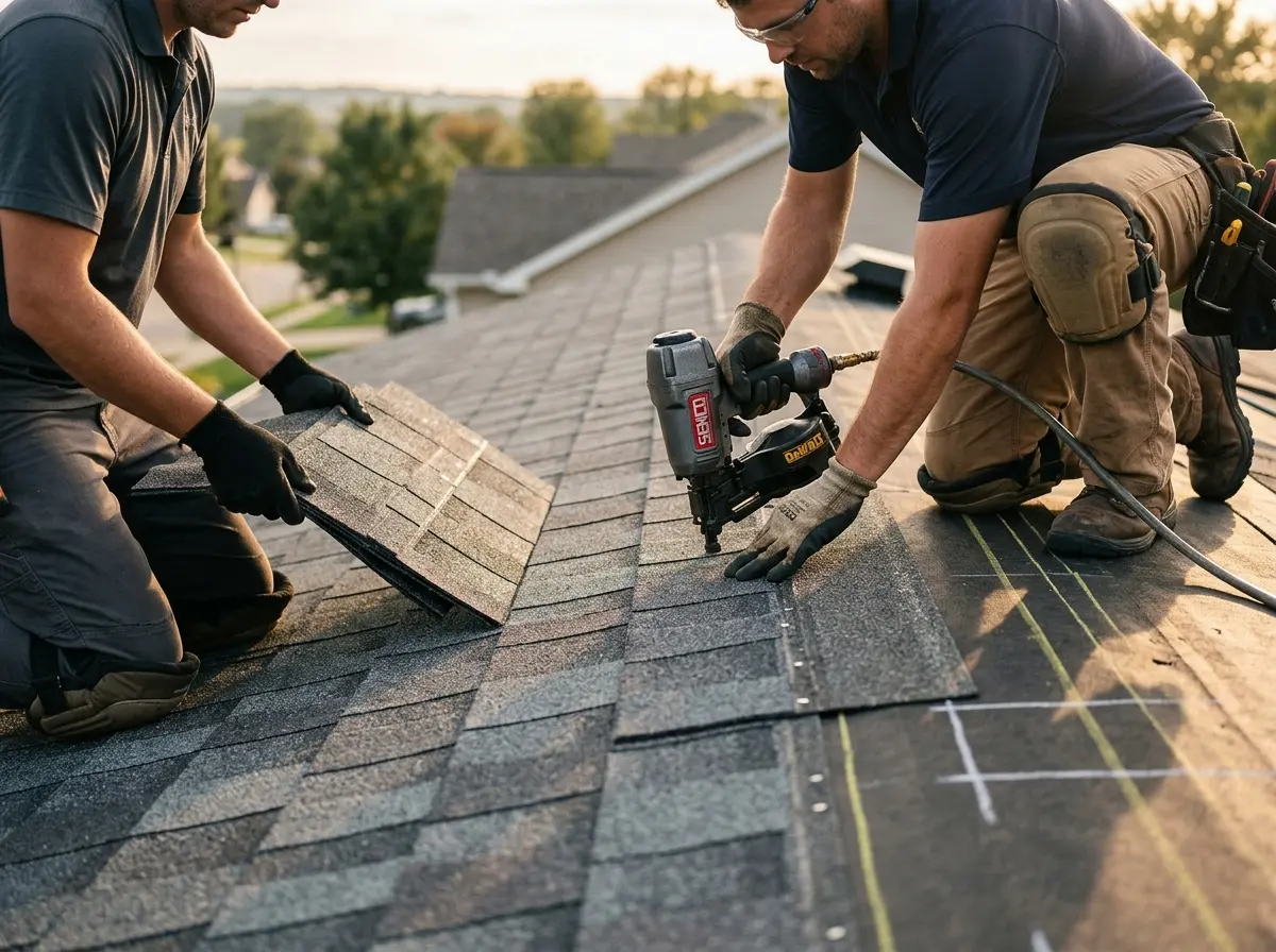 Professional roofer working on a residential roof in Big Bear City